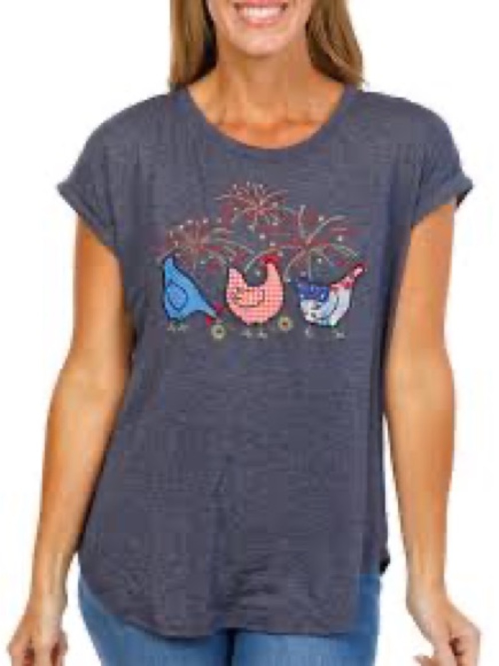 Rue21 Navy Short-Sleeve Tee with Colorful Quilted Chicken Appliqués